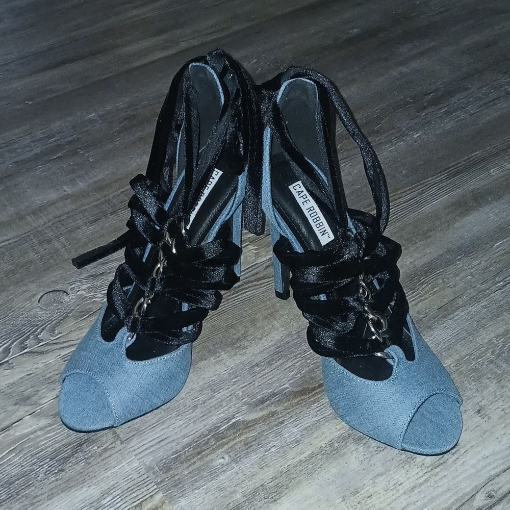 Cape Robbin Denim Black Peep Toe Ankle Straps Heels NWOT Sz 8